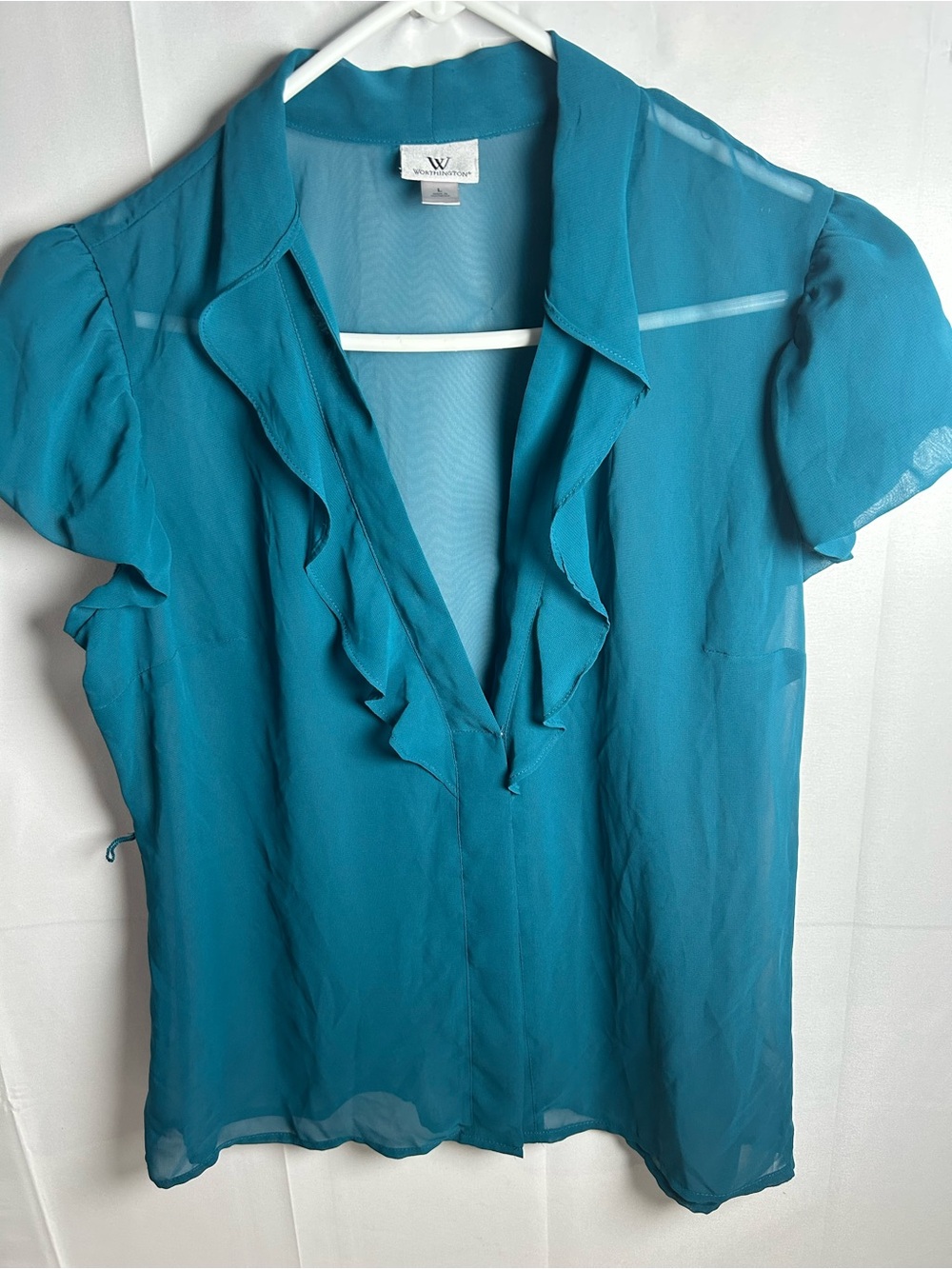 Worthington Teal Ruffle V-Neck Blouse with V neckline - Picture 2 of 10